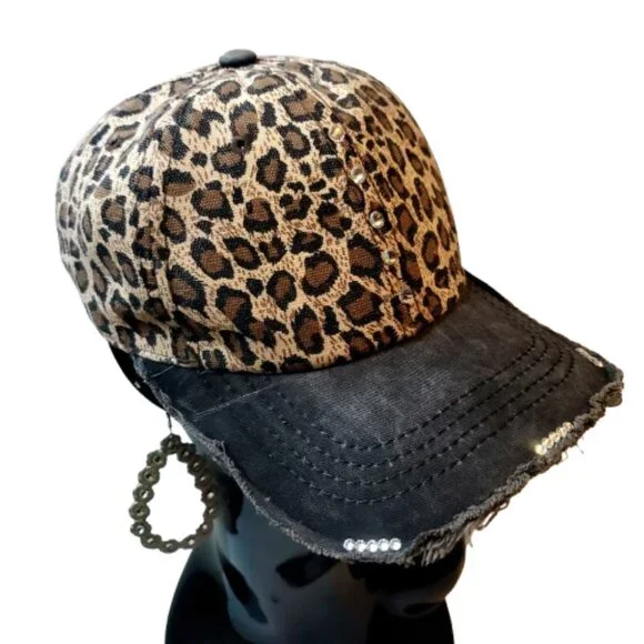 Leopard Distressed Baseball Cap with Adj. Strap & Swarovski Crystals - Picture 1 of 5